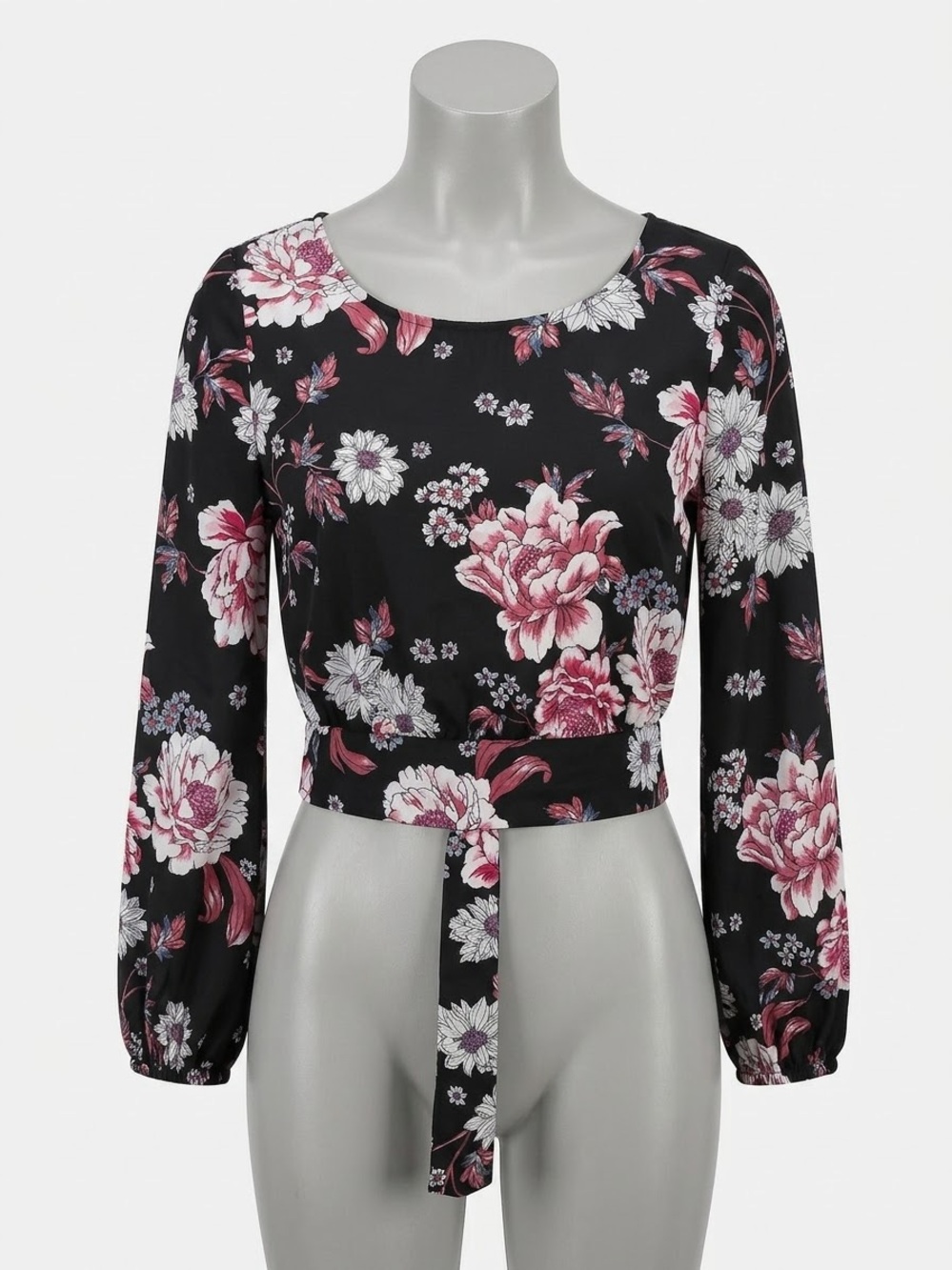 Floral Tie-Waist Long Sleeve Top - Black/Pink